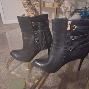 Adrianna Papell Black Heeled Boots with Tassel Accent